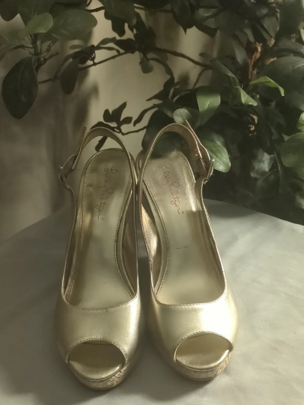 Lilly Pulitzer Gold Peep-Toe Wedge Slingback Heels